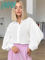 Lunivop Solid Hollow Out Blouses 2024 New Spring Summer Turndown Collar Lantern Sleeve Jacquard