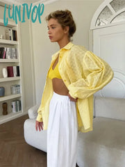 Lunivop Solid Hollow Out Blouses 2024 New Spring Summer Turndown Collar Lantern Sleeve Jacquard