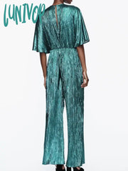 Lunivop Solid Metal Folds Jumpsuits For Women 2024 New Chic V-Neck Short Sleeve Cut Out Wide Leg