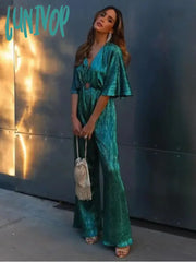 Lunivop Solid Metal Folds Jumpsuits For Women 2024 New Chic V-Neck Short Sleeve Cut Out Wide Leg