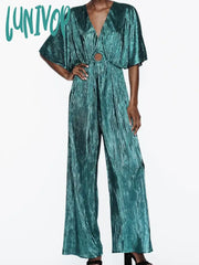 Lunivop Solid Metal Folds Jumpsuits For Women 2024 New Chic V-Neck Short Sleeve Cut Out Wide Leg