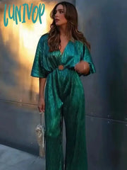 Lunivop Solid Metal Folds Jumpsuits For Women 2024 New Chic V-Neck Short Sleeve Cut Out Wide Leg