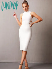 Lunivop Solid Nude Women Summer Sexy Turtleneck White Cut Out Midi Bodycon Bandage Dress Elegant