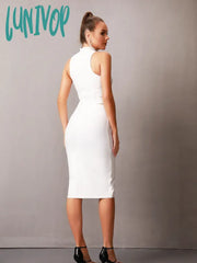 Lunivop Solid Nude Women Summer Sexy Turtleneck White Cut Out Midi Bodycon Bandage Dress Elegant