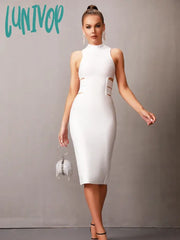 Lunivop Solid Nude Women Summer Sexy Turtleneck White Cut Out Midi Bodycon Bandage Dress Elegant