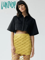 Lunivop Solid Pockets Cropped Blouses Women Spring Summer Chic Fashion Lapel Collar Short Sleeve