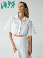 Lunivop Solid Pockets Cropped Blouses Women Spring Summer Chic Fashion Lapel Collar Short Sleeve