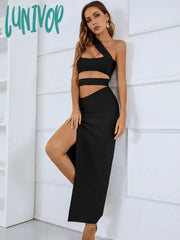 Lunivop Solid Women Summer Sexy One Shoulder Hollow Out Black Split Mid-Caf Bodycon Bandage Dress