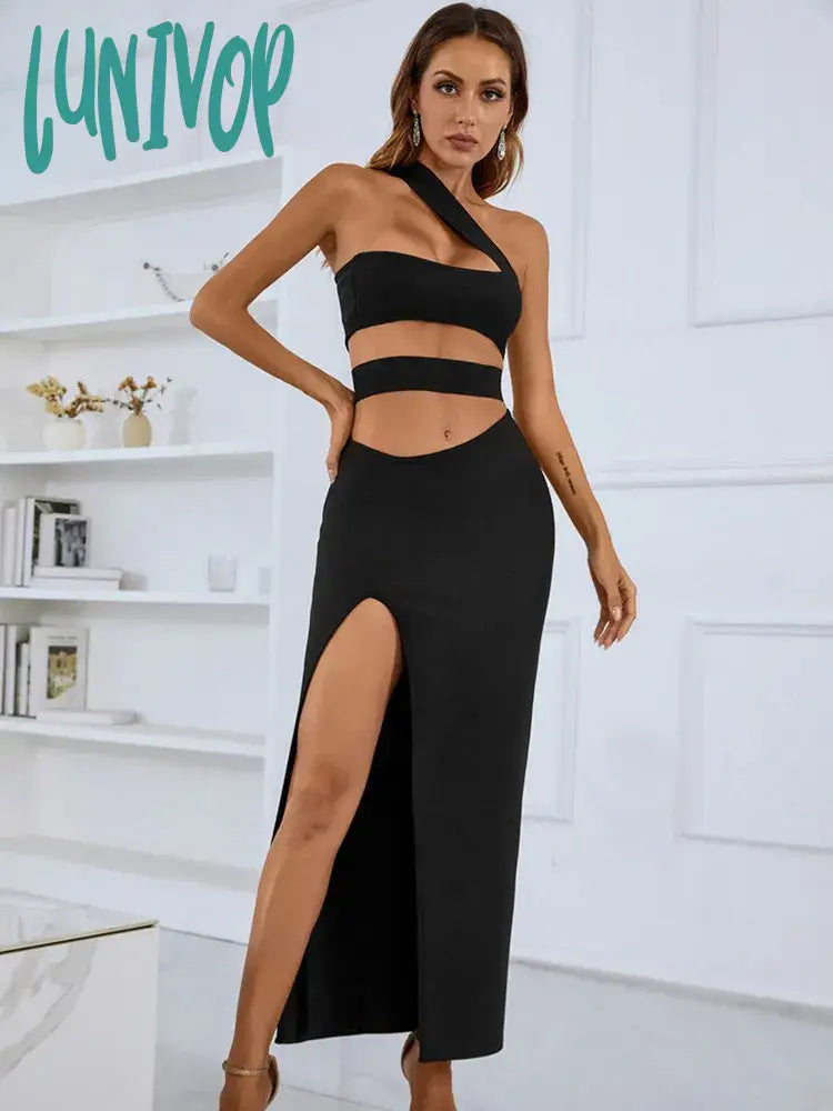 Lunivop Solid Women Summer Sexy One Shoulder Hollow Out Black Split Mid-Caf Bodycon Bandage Dress