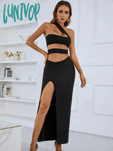 Lunivop Solid Women Summer Sexy One Shoulder Hollow Out Black Split Mid-Caf Bodycon Bandage Dress