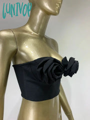 Lunivop Solid Women Summer Sexy Strapless Backless Flower Black Bandage Tops Fashion High Street