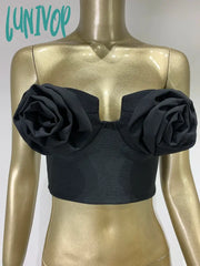 Lunivop Solid Women Summer Sexy Strapless Backless Flower Black Bandage Tops Fashion High Street