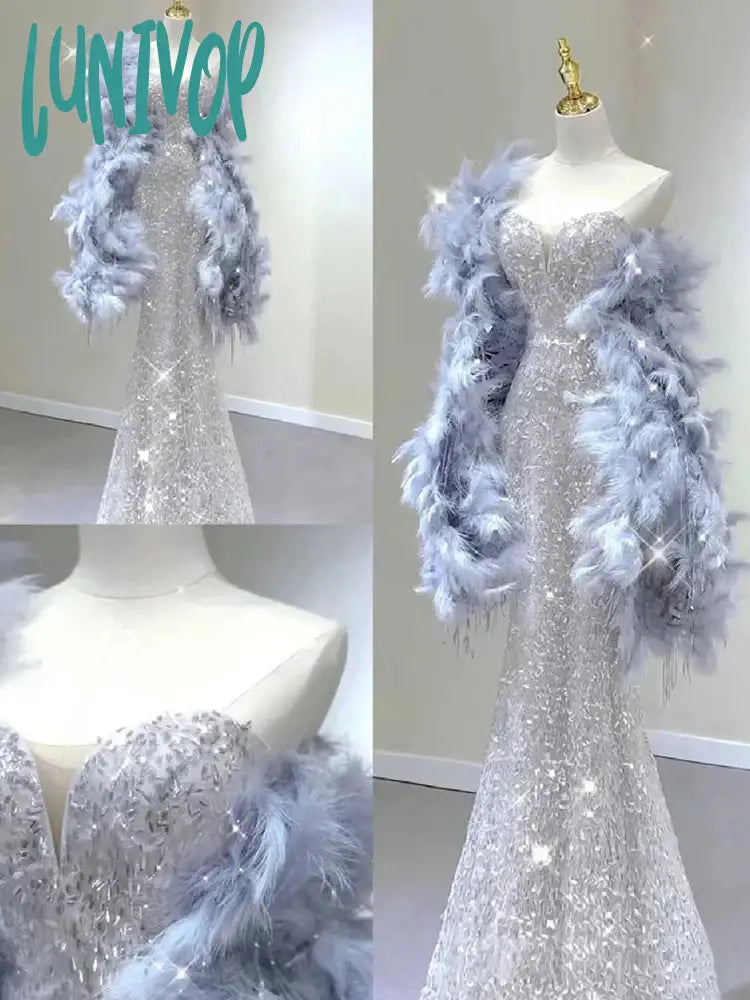 Lunivop Spaghetti Strap Evening Dress New Sexy Sequin Feather Shawl Floor-Length Lace Up Prom