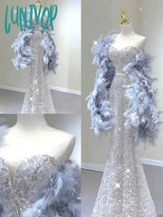 Lunivop Spaghetti Strap Evening Dress New Sexy Sequin Feather Shawl Floor-Length Lace Up Prom