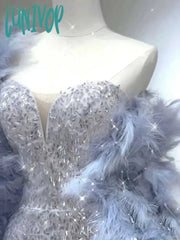 Lunivop Spaghetti Strap Evening Dress New Sexy Sequin Feather Shawl Floor-Length Lace Up Prom