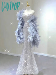 Lunivop Spaghetti Strap Evening Dress New Sexy Sequin Feather Shawl Floor-Length Lace Up Prom
