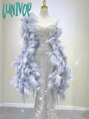 Lunivop Spaghetti Strap Evening Dress New Sexy Sequin Feather Shawl Floor-Length Lace Up Prom