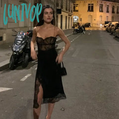 Lunivop Spaghetti Strap Lace Black Elegant Dress Midi Backless Split Women Bodycon Dresses Sexy