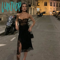 Lunivop Spaghetti Strap Lace Black Elegant Dress Midi Backless Split Women Bodycon Dresses Sexy
