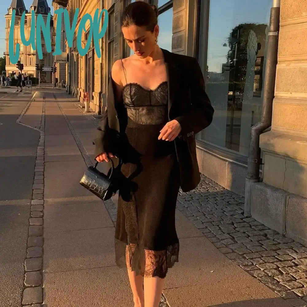 Lunivop Spaghetti Strap Lace Black Elegant Dress Midi Backless Split Women Bodycon Dresses Sexy