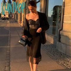 Lunivop Spaghetti Strap Lace Black Elegant Dress Midi Backless Split Women Bodycon Dresses Sexy