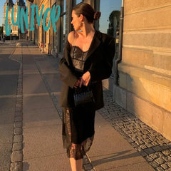 Lunivop Spaghetti Strap Lace Black Elegant Dress Midi Backless Split Women Bodycon Dresses Sexy