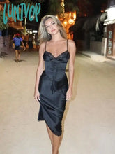 Lunivop Spaghetti Strap Midi Party Dresses Black Satin Sexy Lace Detachable Corset Dress Casual