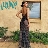 Lunivop Spaghetti Strap Polka Dot Maxi Dresses Sexy Backless Women Party Club Black Mesh See