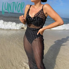 Lunivop Spaghetti Strap Polka Dot Maxi Dresses Sexy Backless Women Party Club Black Mesh See