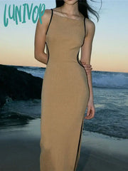 Lunivop Spaghetti Strap Sexy Backless Midi Dress Women Elegant Tie Up Bandage Club Party Sleeveless