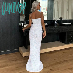 Lunivop Spaghetti Straps Sequins Sparkle Floor-Length Wedding Evening Dress Sexy Mermaid Court