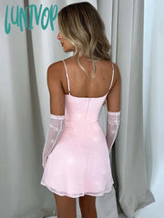 Lunivop Sparkle Sexy Mini Dress Women Spaghetti Strap With Sleeve Backless Sleeveless Glitter Club