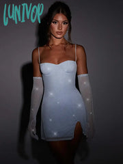 Lunivop Sparkle Sexy Mini Dress Women Spaghetti Strap With Sleeve Backless Sleeveless Glitter Club