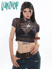 Lunivop Spider Graphic Mesh T Shirts Women Y2K Vintage Streetwear Crop Tops Aesthetic Grunge Kpop