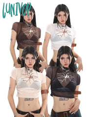 Lunivop Spider Graphic Mesh T Shirts Women Y2K Vintage Streetwear Crop Tops Aesthetic Grunge Kpop