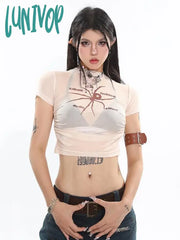 Lunivop Spider Graphic Mesh T Shirts Women Y2K Vintage Streetwear Crop Tops Aesthetic Grunge Kpop