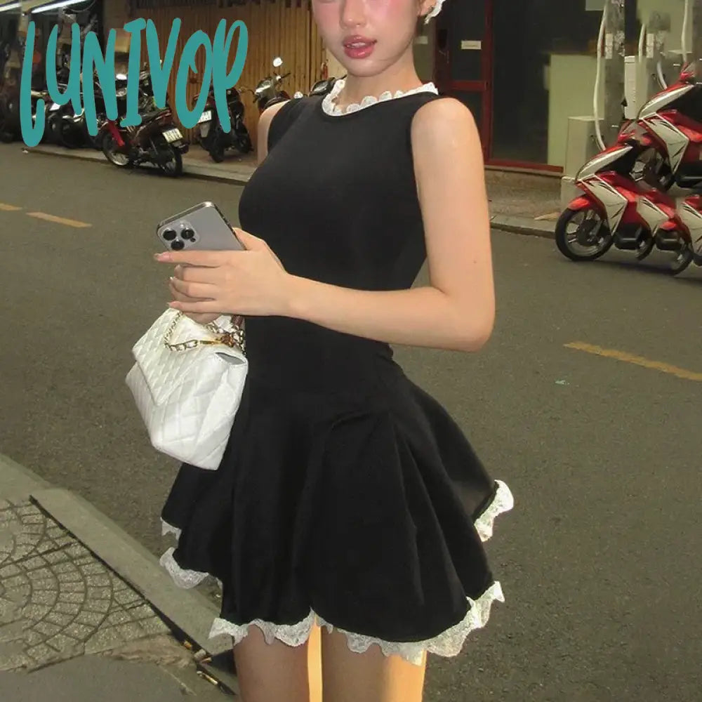 Lunivop Splice Lace Mini Dress For Women High Waisted Slim Folds A-Line Hem Dresses Sleeveless