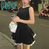 Lunivop Splice Lace Mini Dress For Women High Waisted Slim Folds A-Line Hem Dresses Sleeveless