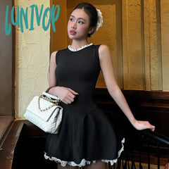 Lunivop Splice Lace Mini Dress For Women High Waisted Slim Folds A-Line Hem Dresses Sleeveless