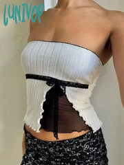 Lunivop Splice Mesh Slim Crop Tops For Women Sleeveless Off Shoulder Sexy Backless Cute Top Ladies