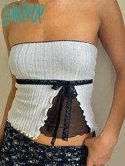 Lunivop Splice Mesh Slim Crop Tops For Women Sleeveless Off Shoulder Sexy Backless Cute Top Ladies