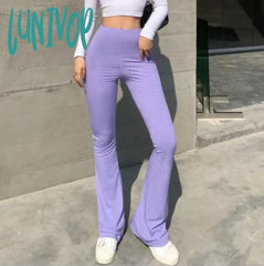 Lunivop Spring And Summer Elegant Slim Knitted Ribbed Flared Pants Casual High-Waisted Trousers