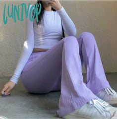 Lunivop Spring And Summer Elegant Slim Knitted Ribbed Flared Pants Casual High-Waisted Trousers