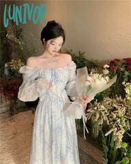 Lunivop Spring And Summer Square Collar Blue Elegant French Retro Long-Sleeved Princess Prom Dress