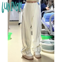 Lunivop Spring Autumn Lazy Style Women White Wide Leg Sweatpants New Elastic High Waist Fashion