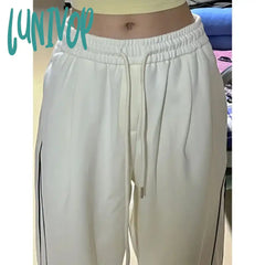 Lunivop Spring Autumn Lazy Style Women White Wide Leg Sweatpants New Elastic High Waist Fashion