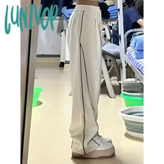 Lunivop Spring Autumn Lazy Style Women White Wide Leg Sweatpants New Elastic High Waist Fashion