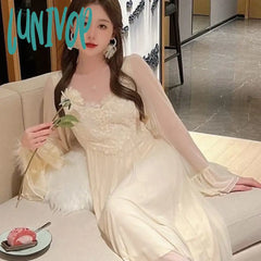 Lunivop Spring Autumn Mesh Long Night Dresstwo Pieces Sexy Lace Full Sleeve Nightgown Robe Sets