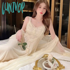 Lunivop Spring Autumn Mesh Long Night Dresstwo Pieces Sexy Lace Full Sleeve Nightgown Robe Sets