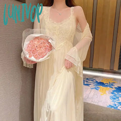 Lunivop Spring Autumn Mesh Long Night Dresstwo Pieces Sexy Lace Full Sleeve Nightgown Robe Sets